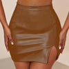 Faux Leather Split Bodycon Skirt, Casual High Waist Solid Mini Skirt, Women's Clothing