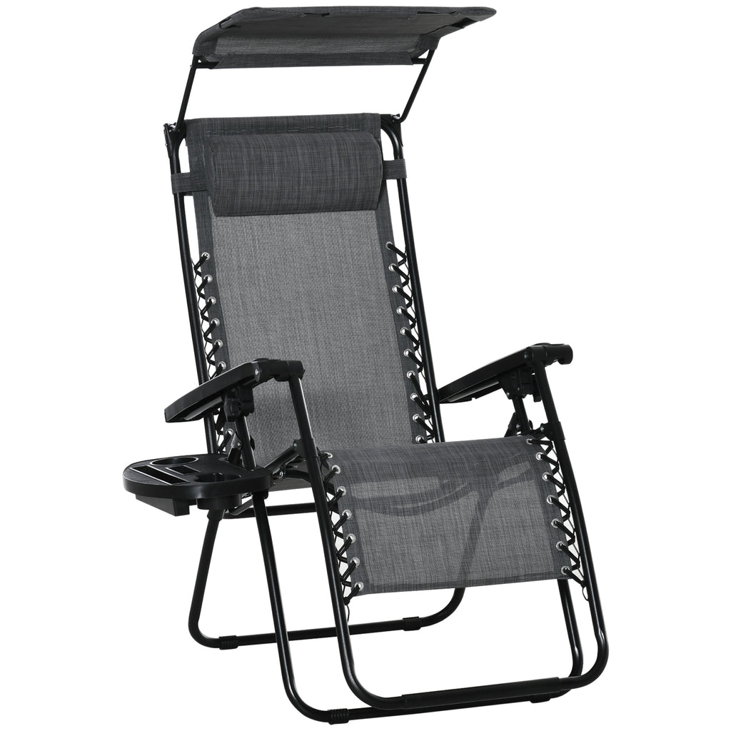 DodiOnline Foldable Reclining Garden Chair with Headrest, Zero Gravity Deck Sun Lounger Seat Chair with Footrest, Armrest, Cup Holder & Canopy Shade, Light Grey