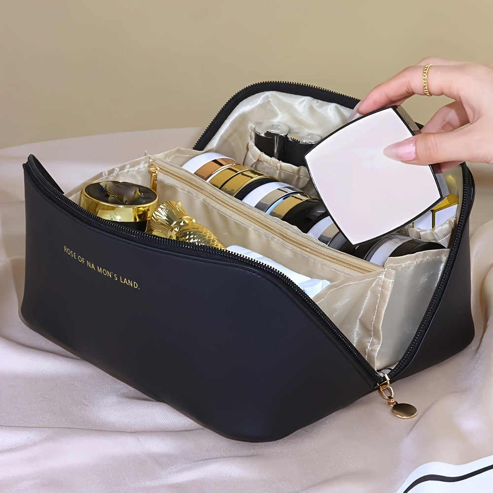 Large Capacity Makeup Bag, Multi-Layered With Dividers, Portable Zippered Pouch, PU Leather, Waterproof, Multifunctional Travel Organizer