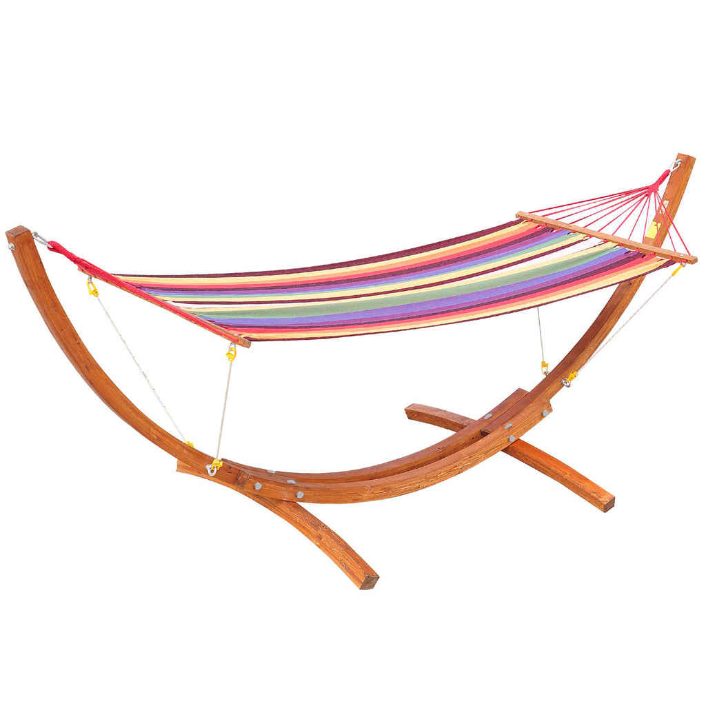 DodiOnline Outdoor Hammock with Stand, Free Standing Hammock with Arc Wooden Frame and 200 x 100cm Fabric, Garden Swing Hanging Bed with Safe Ropes, Multicolour