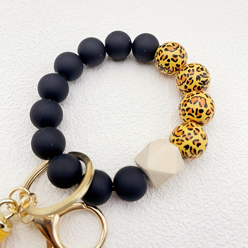 1pc Stylish Leopard Pattern Silicone Wooden Beaded Wristlet Keychain - Fashionable PU Leather Tassel Bag Charm, Phone Lanyard, Bangle Keychain for Women's Daily Use - Perfect Gift for Friends and Family