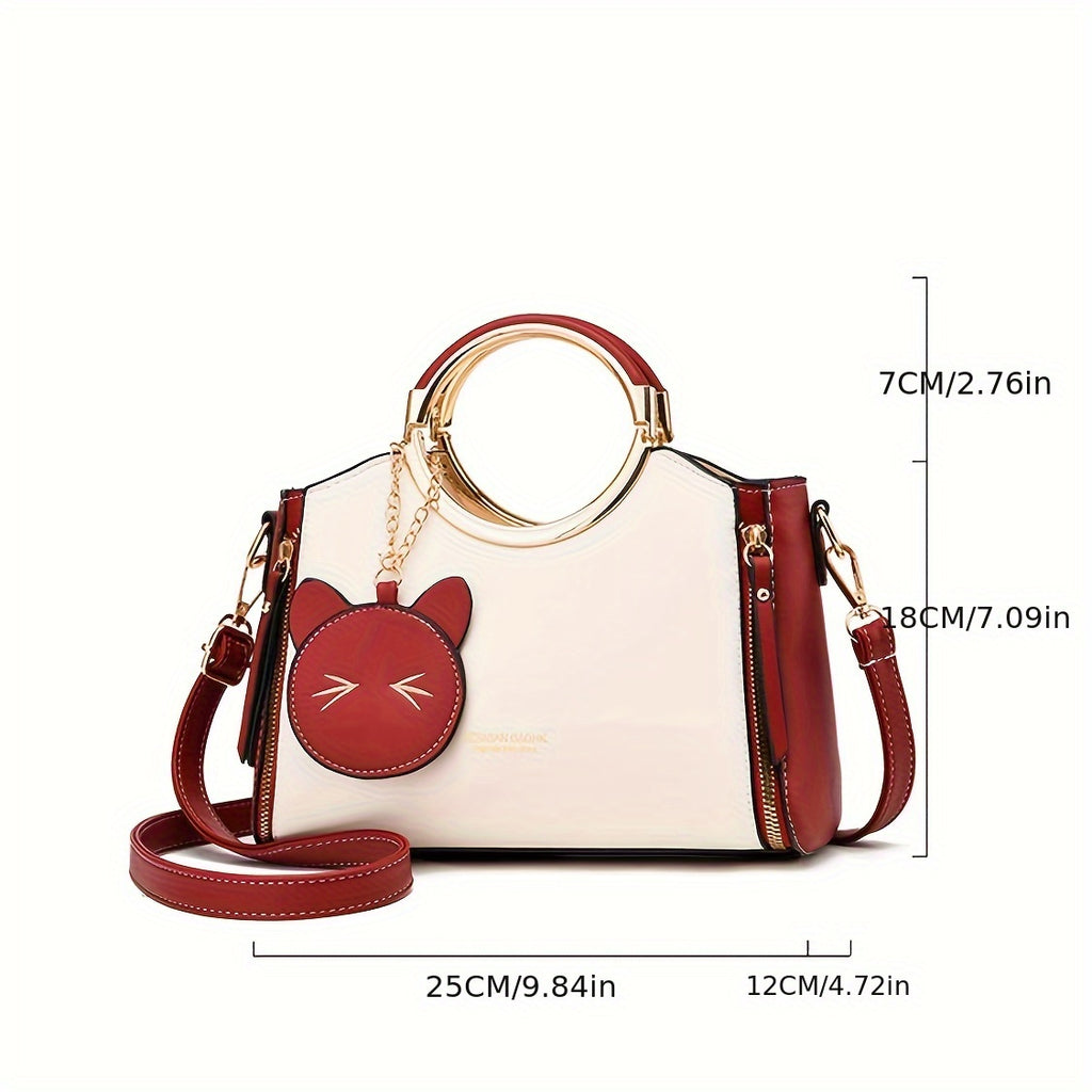 Color Contrast Handbag For Women, Trendy PU Leather Shoulder Purse, Versatile Crossbody Bag With Cute Cat Coin Purse
