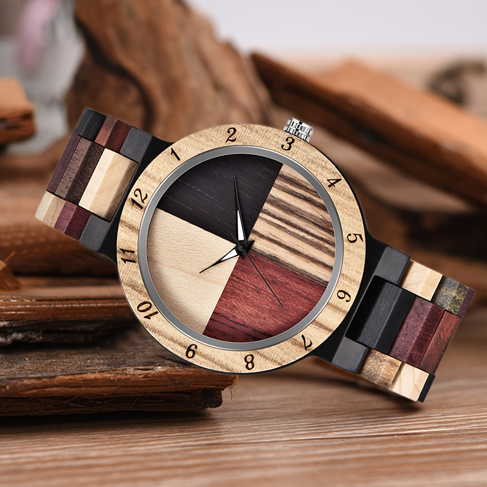 Unique Handcrafted Wooden Watch - Round Analog Quartz Timepiece with Colorful Bamboo Wood Dial and Wooden Strap for Casual Men - Non-Waterproof, Electronic Movement, Pointer Display