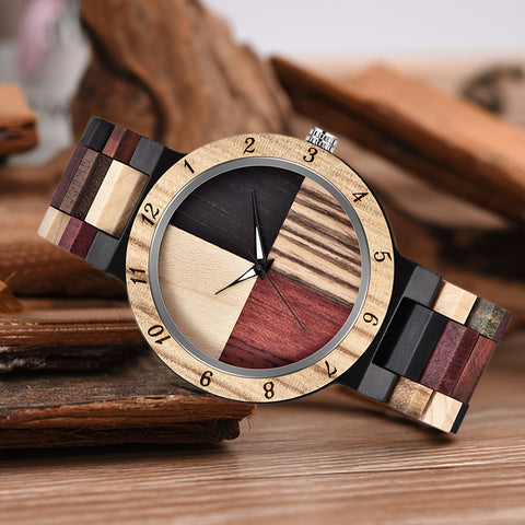 Unique Handcrafted Wooden Watch - Round Analog Quartz Timepiece with Colorful Bamboo Wood Dial and Wooden Strap for Casual Men - Non-Waterproof, Electronic Movement, Pointer Display