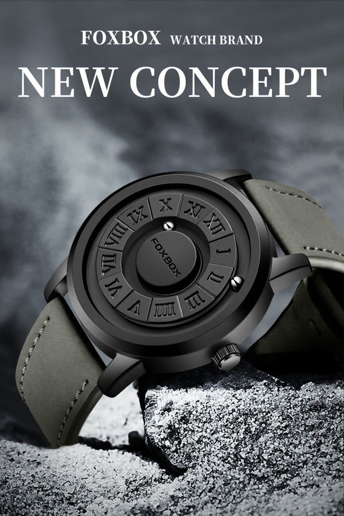 FOXBOX Men's Quartz Watch – Magnetic Dial | Digital Display | PU Leather Band | 30M Water-Resistant