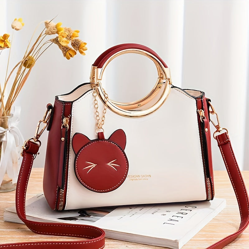 Color Contrast Handbag For Women, Trendy PU Leather Shoulder Purse, Versatile Crossbody Bag With Cute Cat Coin Purse