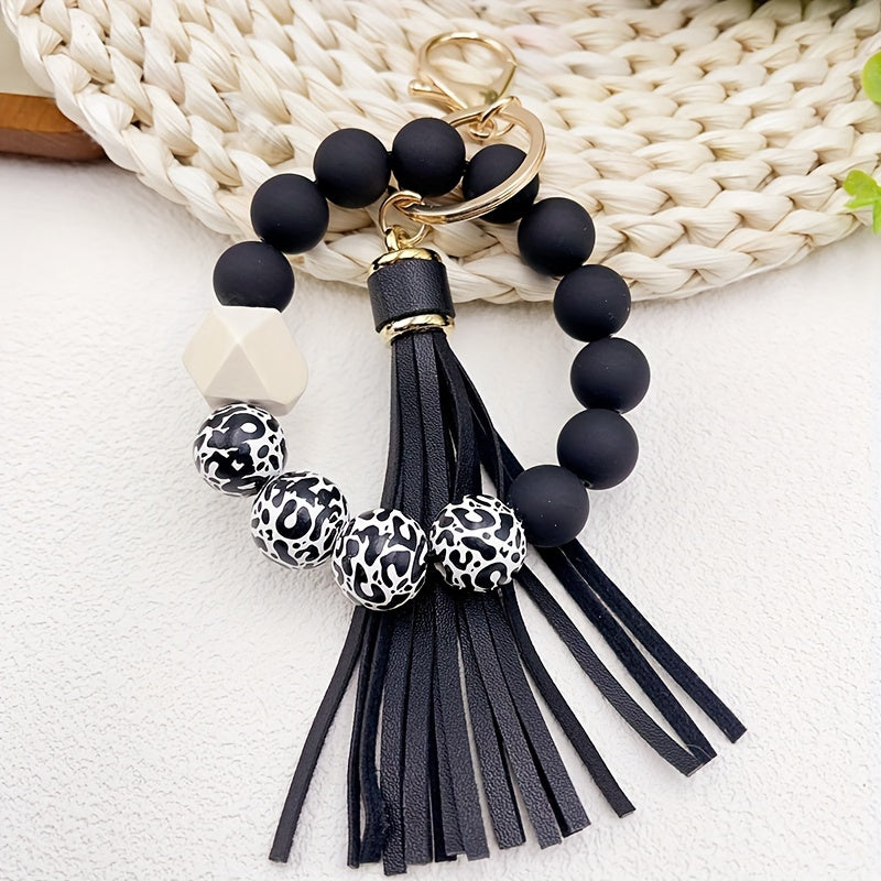1pc Stylish Leopard Pattern Silicone Wooden Beaded Wristlet Keychain - Fashionable PU Leather Tassel Bag Charm, Phone Lanyard, Bangle Keychain for Women's Daily Use - Perfect Gift for Friends and Family