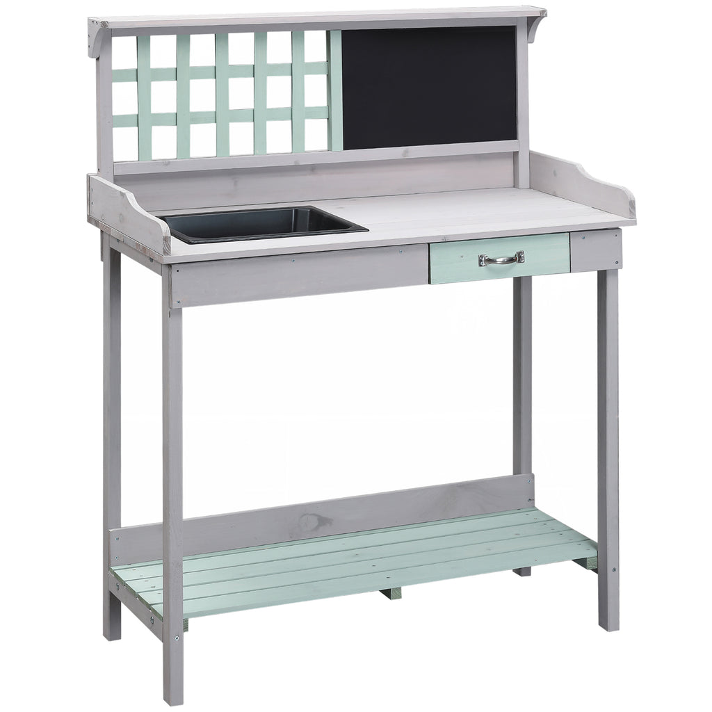 DodiOnline Garden Potting Table with Sink, Blackboard and Drawer, Wooden Planting Work Bench Workstation Outdoor Tool Storage Shelves