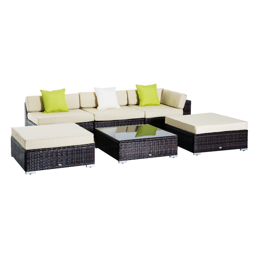 DodiOnline 6 PC Rattan Sofa Coffee Table Set Sectional Wicker Weave Furniture for Garden Outdoor Conservatory w/ Pillow Cushion Brown