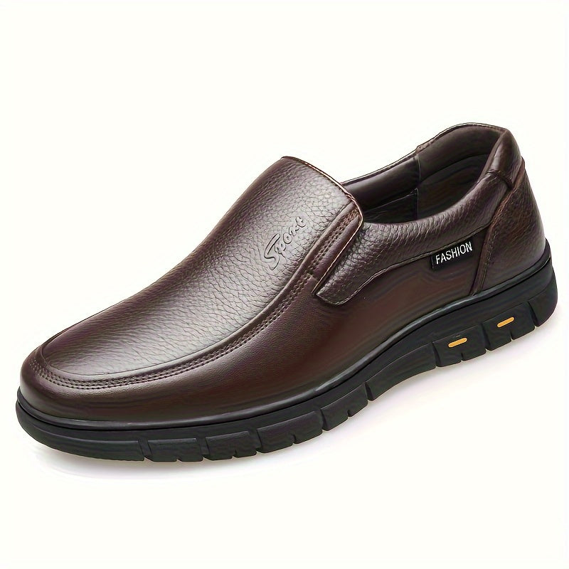 Mens Top Layer Cowhide Round Toe Slip On Dress Shoes - Durable Non Slip Rubber Sole, Breathable PU Insole, Solid Color, Perfect for Wedding, Business, Party, Banquet, Office in Spring, Summer, and Fall Seasons