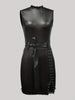 Solid Color PU Leather Beaded Dress, Stylish Slit Bodycon Belted Sleeveless Dress For Spring & Summer, Women's Clothing