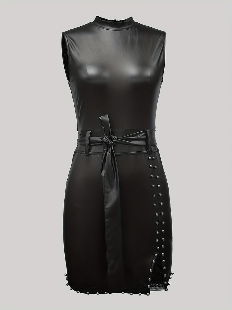 Solid Color PU Leather Beaded Dress, Stylish Slit Bodycon Belted Sleeveless Dress For Spring & Summer, Women's Clothing
