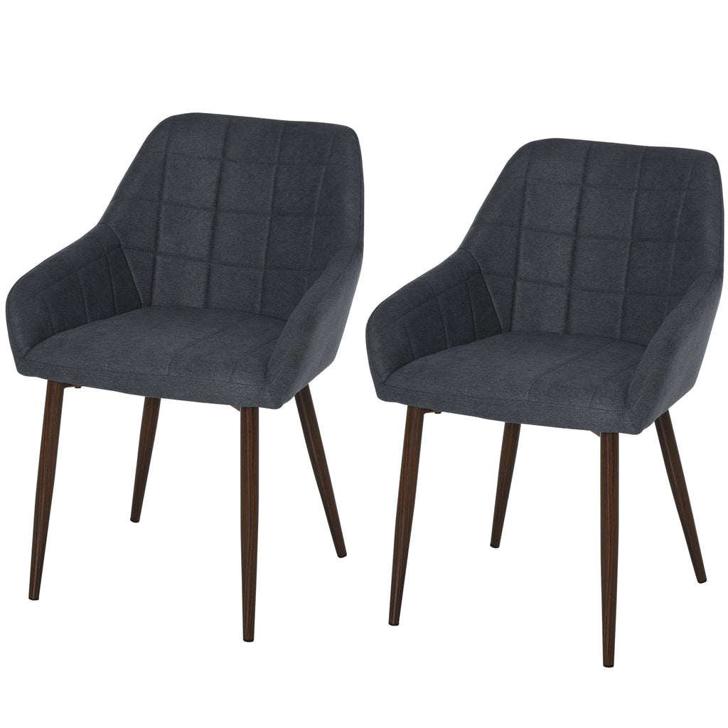 DodiOnline 2 Pieces Linen-Touch Fabric Dining Chair with Grid Pattern Cushion and Backrest, Mid Back Leisure Chair with Steel Leg, Sponge Padded Armchair for Dining Room