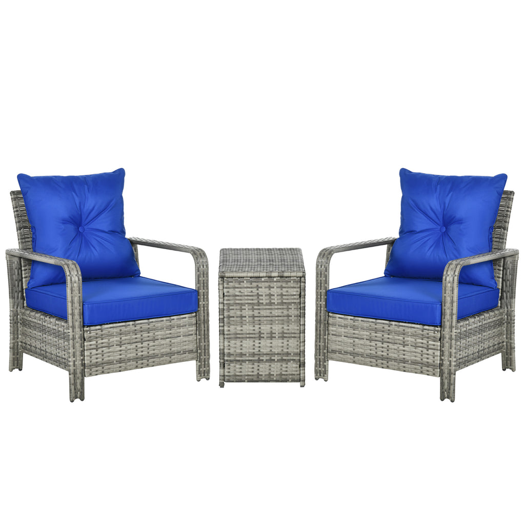 DodiOnline 3 Pieces Rattan Bistro Set, Wicker Outdoor Furniture Set with Storage  Coffee Table and Chairs, Thickened Cushions for Outdoor, Patio, Balcony, Blue