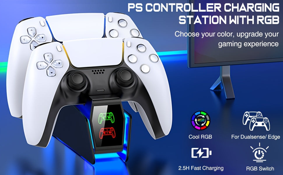 Dual PS5 Controller Charger Station with LED Light - Fast Charging, Space-Saving Dual Stand Dock for Playstation 5 Dualsense Controllers - BEBONCOOL, White, ABS Material, No Electronic Components