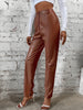 Elegant Women's Faux Leather Pants - High Waist, Comfort Stretch, Button Detail, Perfect for Fall/Winter