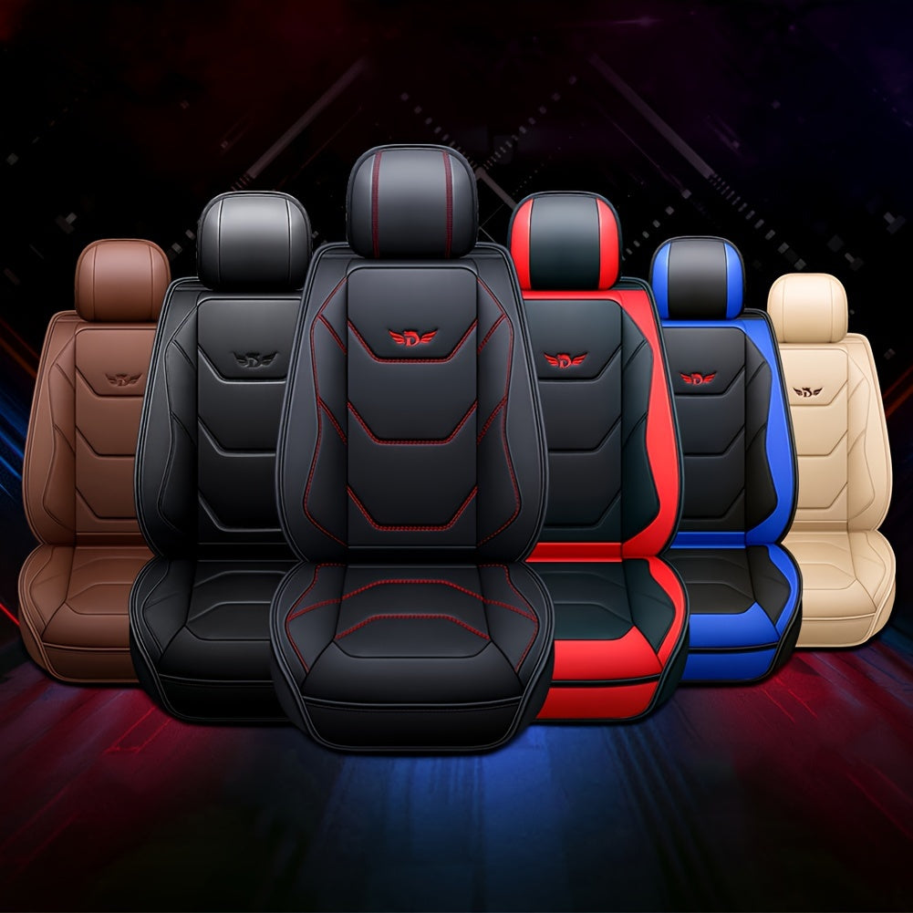 1pc Fit PU Leather Car Seat Cover, Breathable Front Seat Protector with Safety Cushion Compatibility, Sponge Filled, Non-Textile Weaving, Stylish Ergonomic Design with Red Accent Stitching, Available in Black/Brown/Beige/Blue