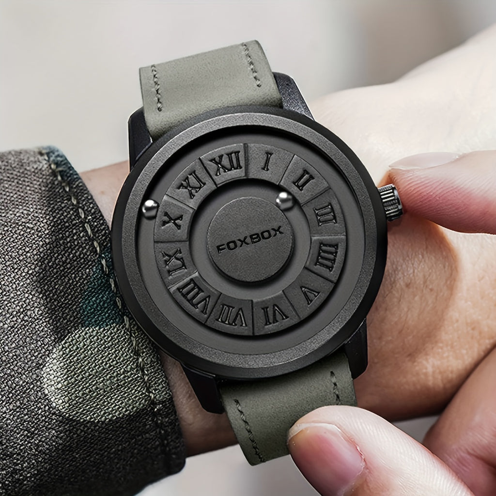 FOXBOX Men's Quartz Watch – Magnetic Dial | Digital Display | PU Leather Band | 30M Water-Resistant