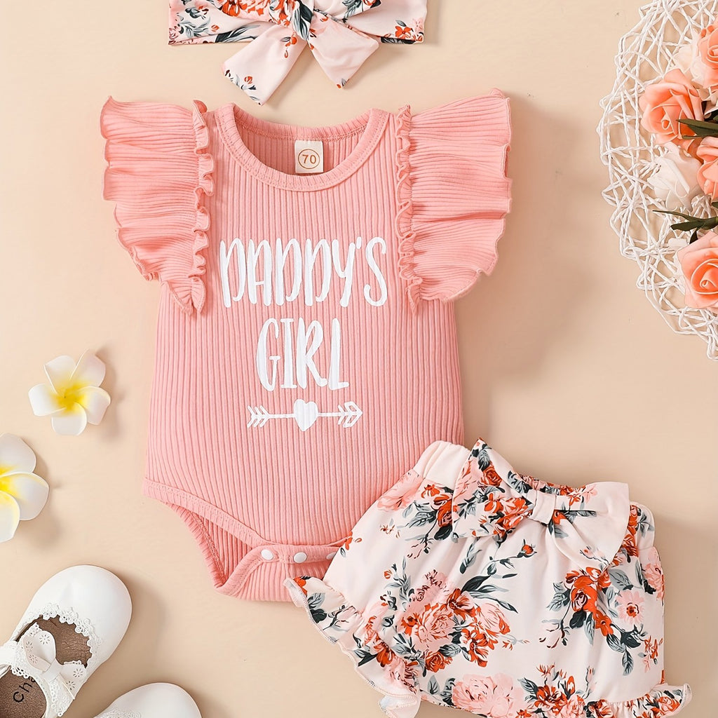 3pcs Baby Girls "Daddy's Girl" Ruffle Sleeve Onesie & Floral Shorts & Headband Outdoor Set outdoor clothes