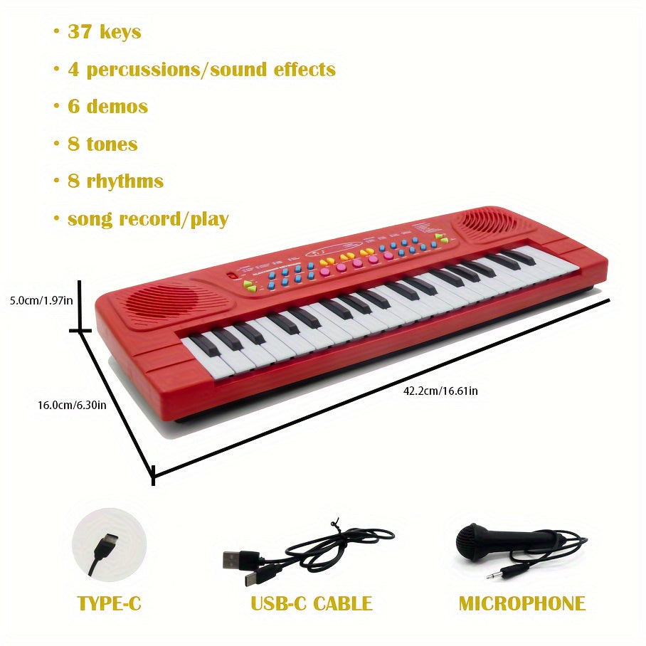 37-Key Portable Multifunctional Electronic Piano Keyboard - Pianos & Keyboards with Microphone, USB-C Cable, Tone and Rhythm Adjustment, Recording and Replaying Function, Ideal for Teaching, Birthday Gifts and Home Entertainm