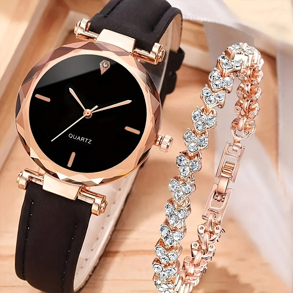 2pcs/set Stylish Women's Quartz Watch with Rhinestone Bracelet - Perfect Gift for Mom and Her Benefits: - Stylish design - Accurate quartz movement - Durable PU leather strap - Sparkling rhinestone bracelet - Ideal gift for a