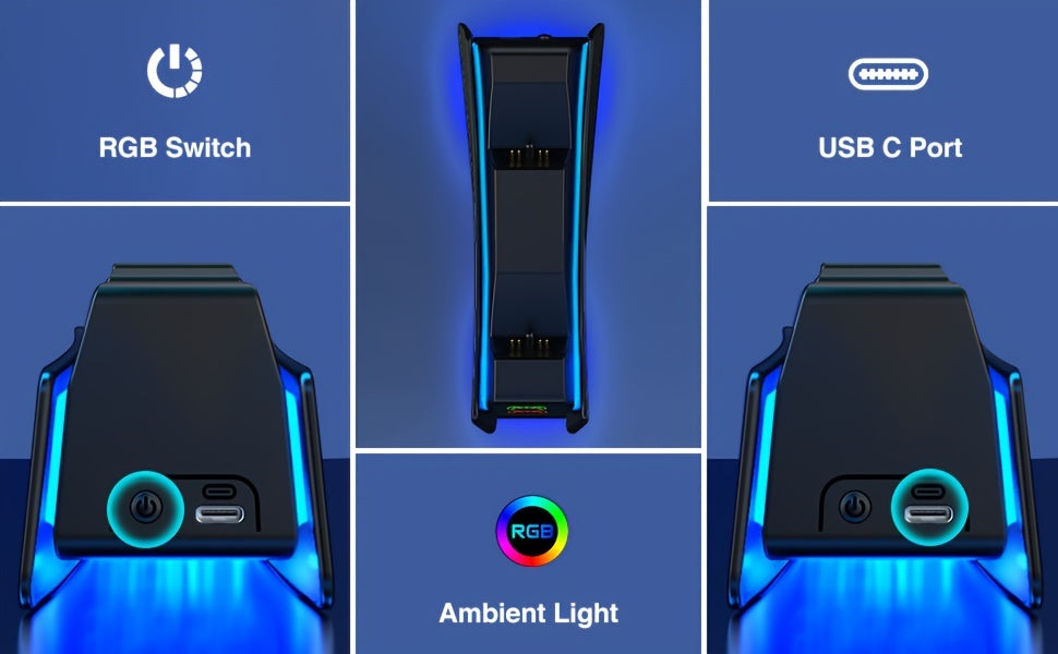 Dual PS5 Controller Charger Station with LED Light - Fast Charging, Space-Saving Dual Stand Dock for Playstation 5 Dualsense Controllers - BEBONCOOL, White, ABS Material, No Electronic Components