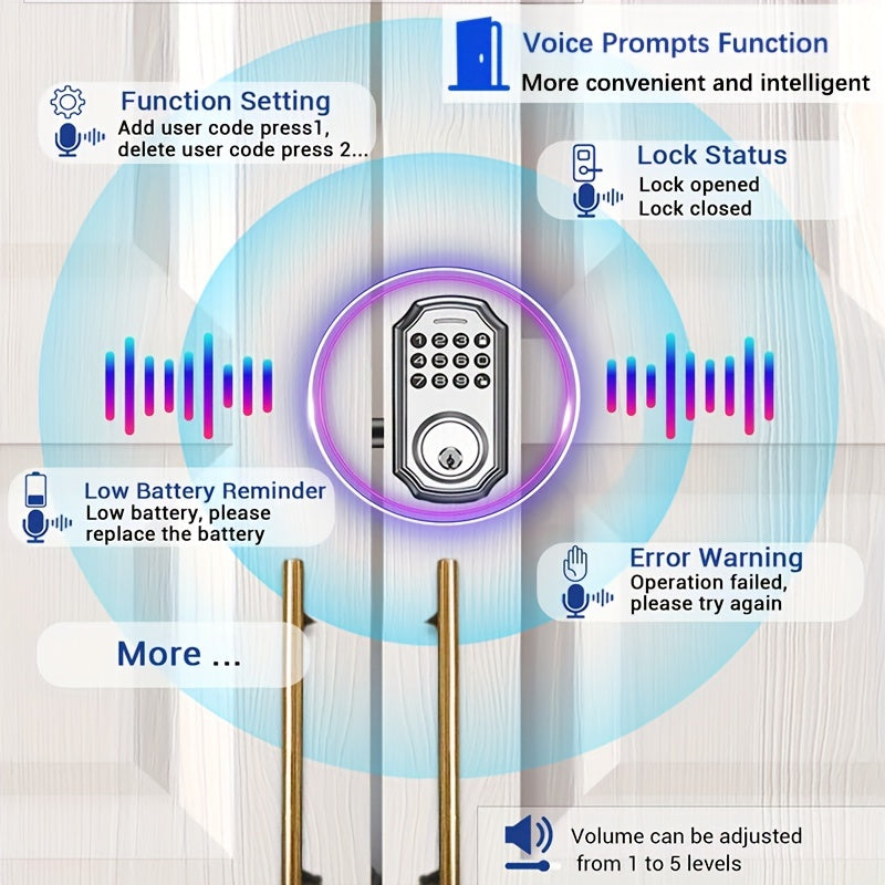 1pc BULIST UD01 Keypad Deadbolt Door Lock, Electronic Keyless Entry, User Pin Code, One Time Code, Mechanical Key, Backlit Keypad, Human Voice Guidance, Auto Lock, Long Battery Life, Easy To Install And Program, Stain Steel