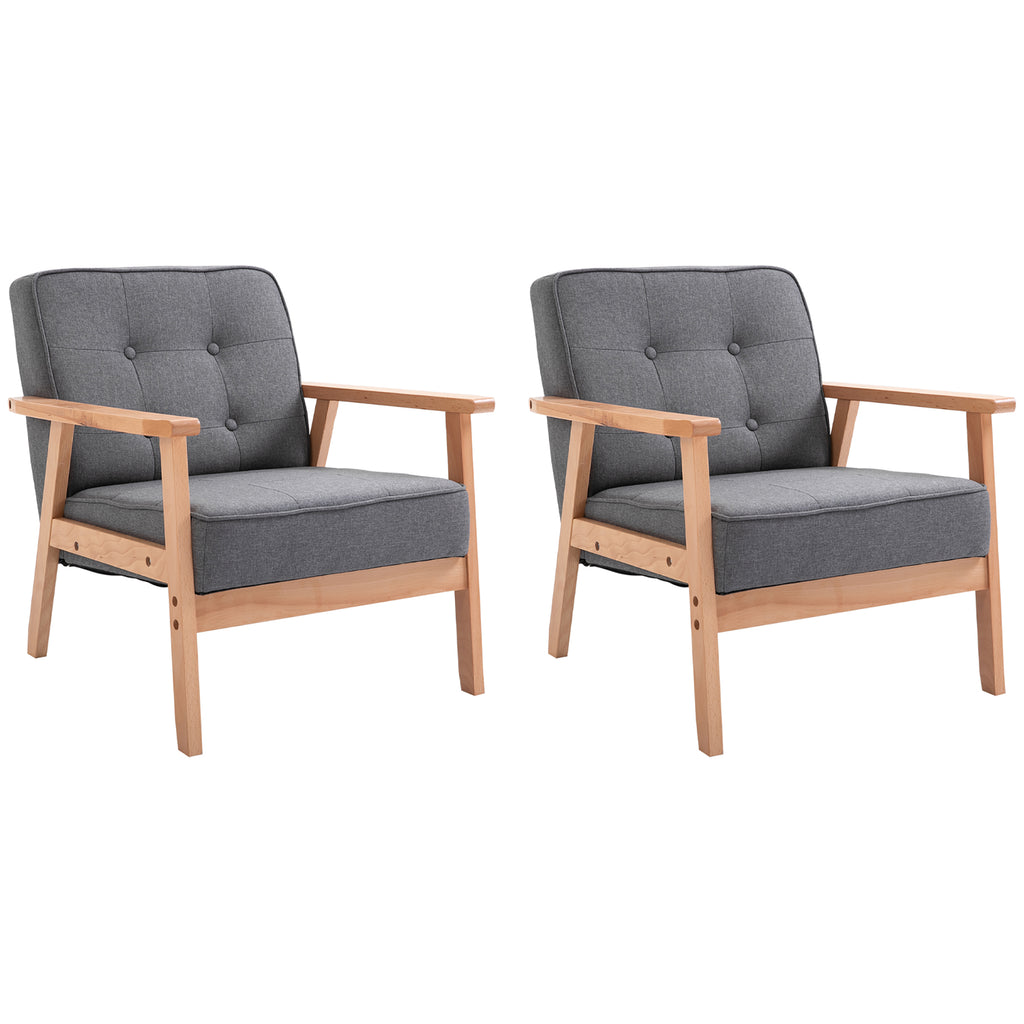 DodiOnline Armchair, Linen Fabric Accent Chair, Occasional Chair with Beech Wood Frame for Living Room, Reception, Bedroom, Balcony, Set of 2, Grey and Natural