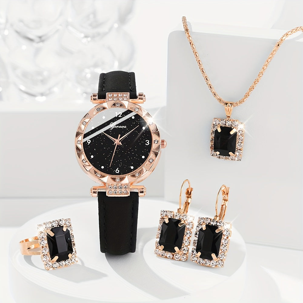 5pcs/set Women's Shiny Rhinestone Quartz Watch Analog PU Leather Wrist Watch & Jewelry Set, Gift For Mom Her