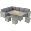 DodiOnline 7 Pieces PE Rattan Garden Furniture Set, 50,000 BTU Gas Fire Pit Table, Double Corner Sofa and 3 Footstools, 6 Seater Furniture Sofa Sets with Cushions for Conservatory, Grey