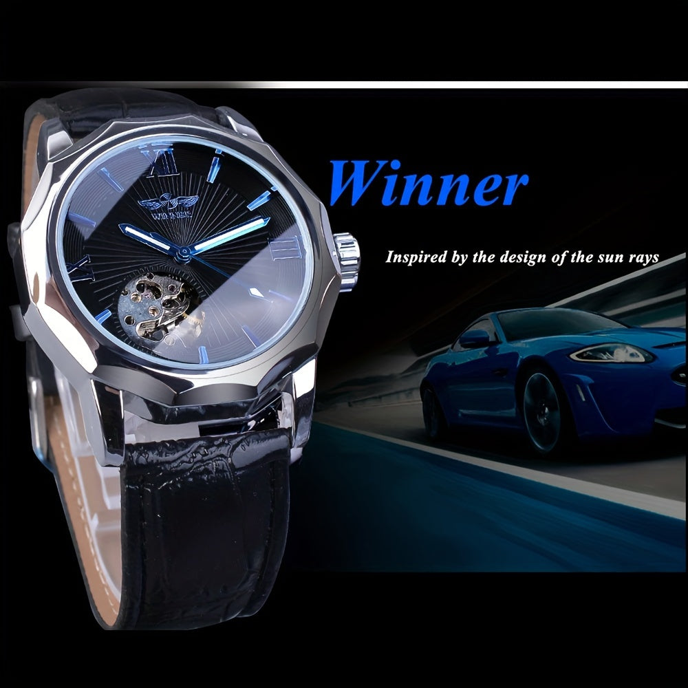 T-WINNER Men's Luxury Automatic Mechanical Watch - Blue Ocean Geometric Design, Transparent Skeleton Dial, Stainless Steel Case & Faux Leather Strap