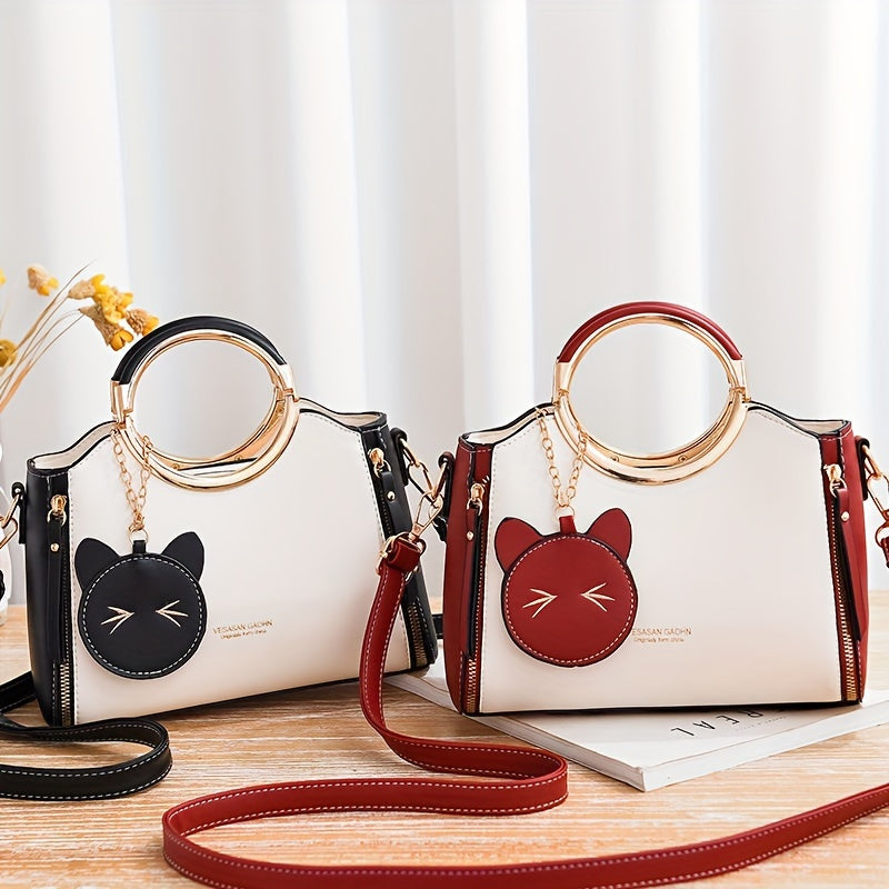 Color Contrast Handbag For Women, Trendy PU Leather Shoulder Purse, Versatile Crossbody Bag With Cute Cat Coin Purse