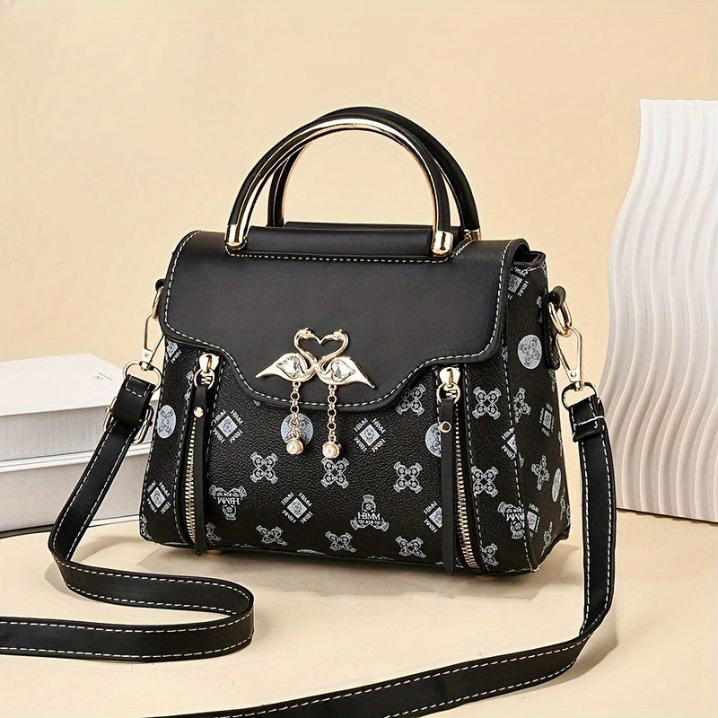 Trendy Printed Handbag For Women, Mini PU Leather Crossbody Bag, Retro Top Handle Flap Purse