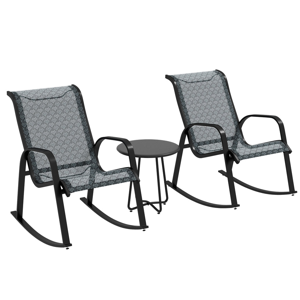 DodiOnline 3 Piece Outdoor Rocking Set with 2 Armchairs and Metal Top Coffee Table, Patio Bistro Set with Curved Armrests, Breathable Mesh Fabric Seat for Garden, Deck, Mixed Grey