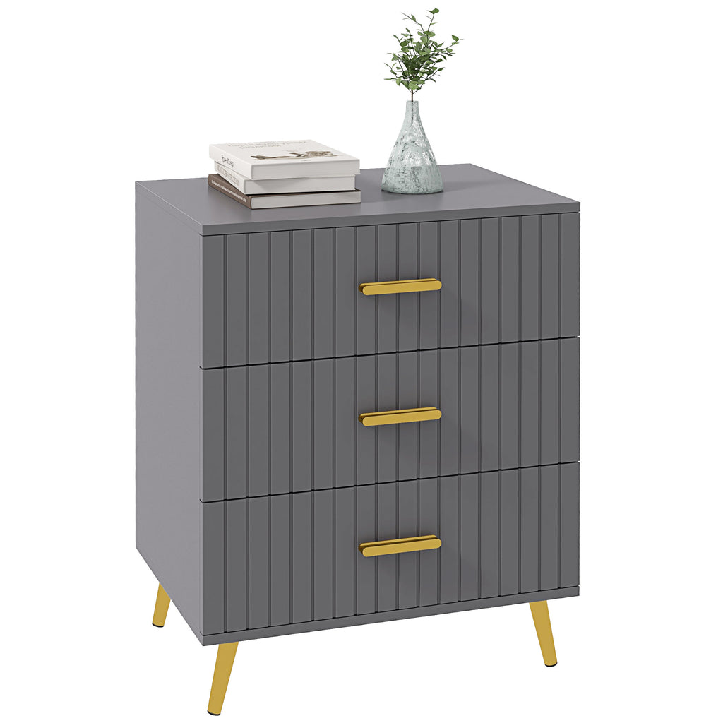 DodiOnline Three Drawer Embossed Line Dresser - Grey/Gold Tone