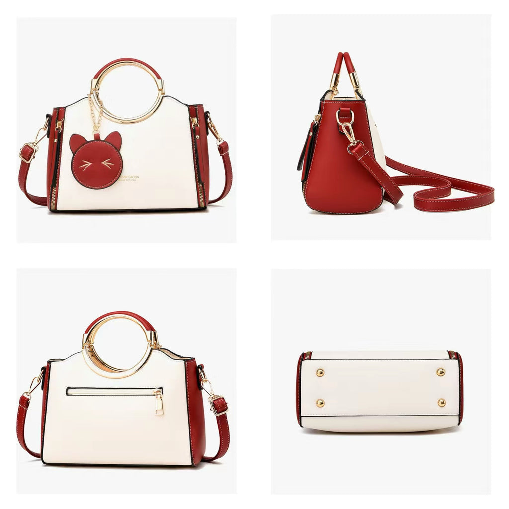 Color Contrast Handbag For Women, Trendy PU Leather Shoulder Purse, Versatile Crossbody Bag With Cute Cat Coin Purse