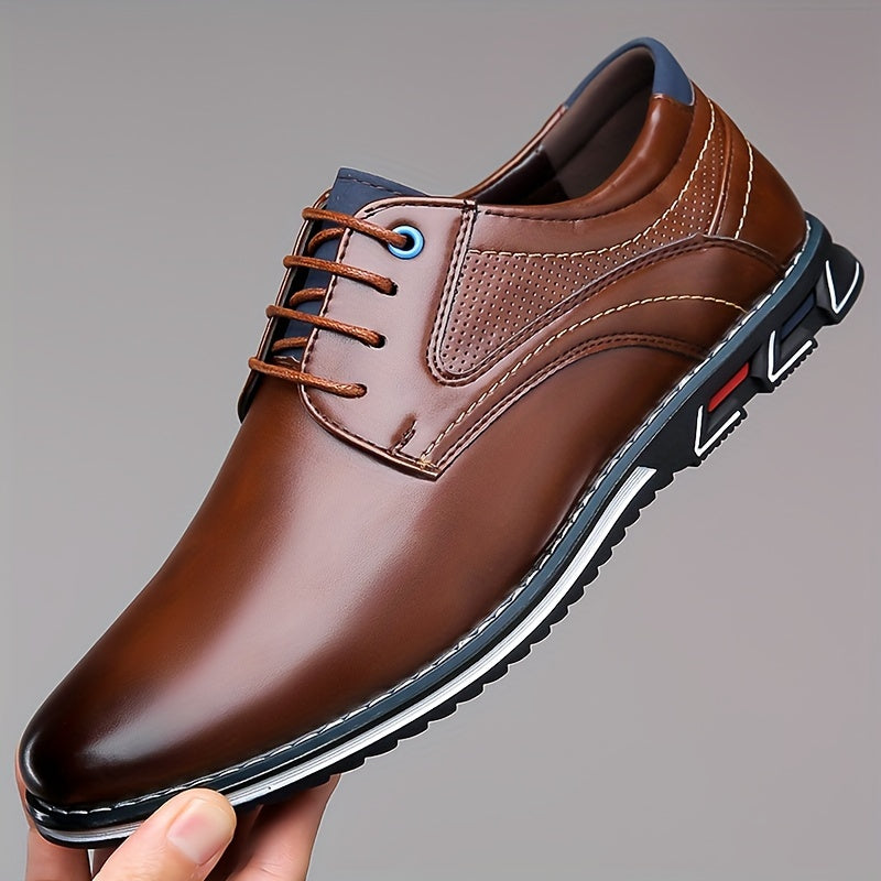 Men's PLUS SIZE PU Leather Solid Casual Shoes, Wear-resistant Non Slip Lace-up Dress Shoes, Men's Office Daily Footwear