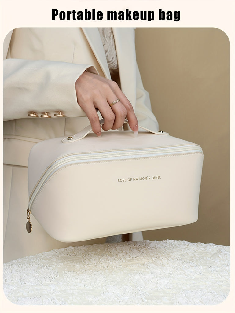Large Capacity Makeup Bag, Multi-Layered With Dividers, Portable Zippered Pouch, PU Leather, Waterproof, Multifunctional Travel Organizer