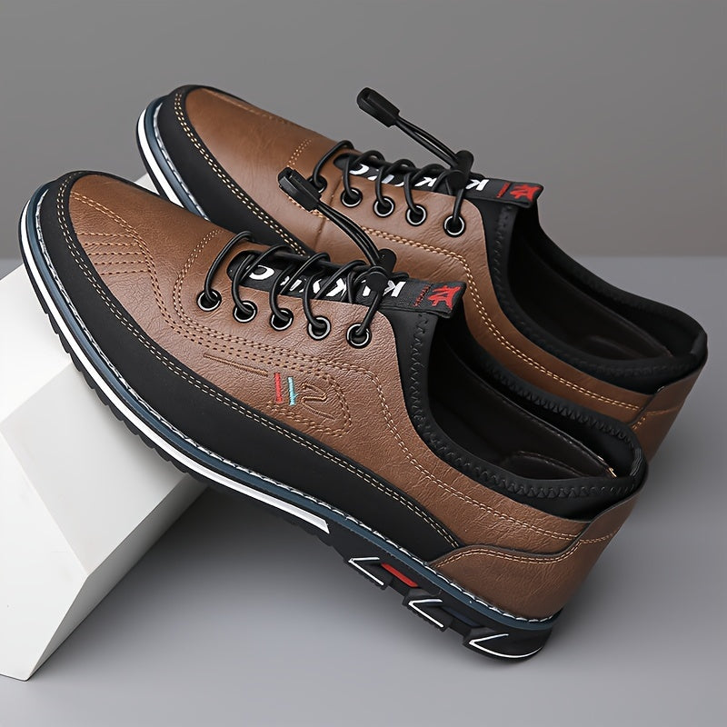 Waterproof Thick-soled Mens Faux Leather Round Toe Shoes - Anti-skid, Faux Fur Lined, PU Insole, Rubber Sole, Lace-up, Solid Color, Trendy Shoes for Outdoor Daily Wear