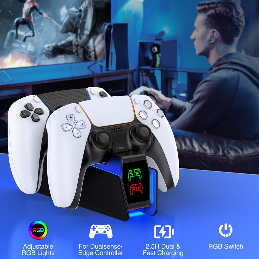 Dual PS5 Controller Charger Station with LED Light - Fast Charging, Space-Saving Dual Stand Dock for Playstation 5 Dualsense Controllers - BEBONCOOL, White, ABS Material, No Electronic Components