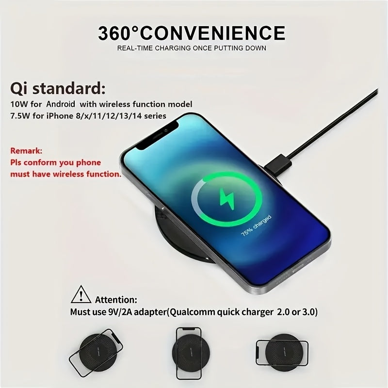 10W Fast Wireless Charger, Compatible with iPhone 16/15/14/13/12/11/8 Series, S23/S22/S21/S20/S10/S9/S8/S7/S6 Series, Note 10/9/8/5 Series, Slim Design for Bedside & Office Desk, Free Cable Included