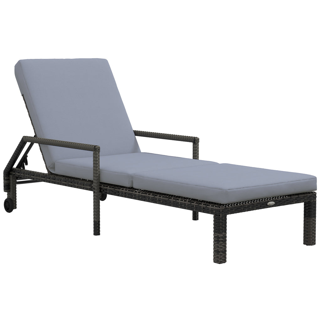 DodiOnline Outdoor PE Rattan Sun Lounger Wicker Chaise Recliner Garden Chair with 5-Level Adjustable Backrest and 2 Wheels, Mixed Grey