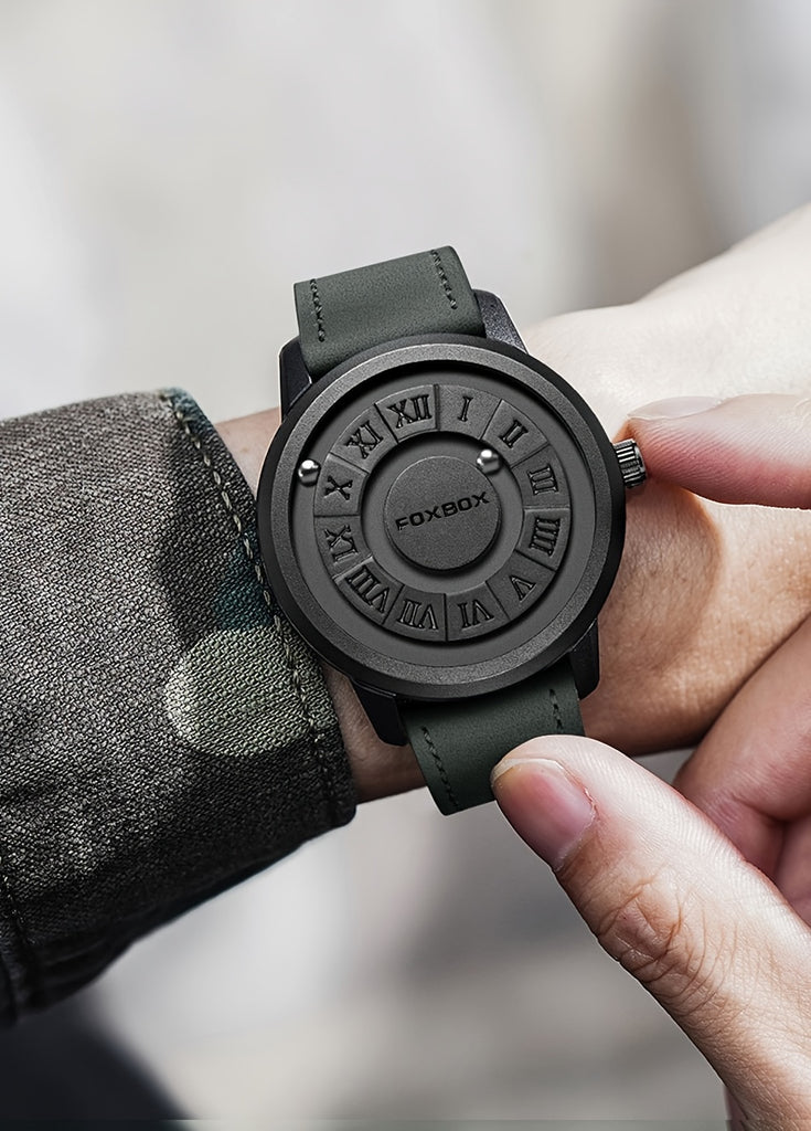 Mens Fashion Watch - Eye-Catching Cool Dial with Waterproof Rotating Magnetic Bead - Durable PU Leather Strap - Stylish Design for Fashion-Forward Gentlemen