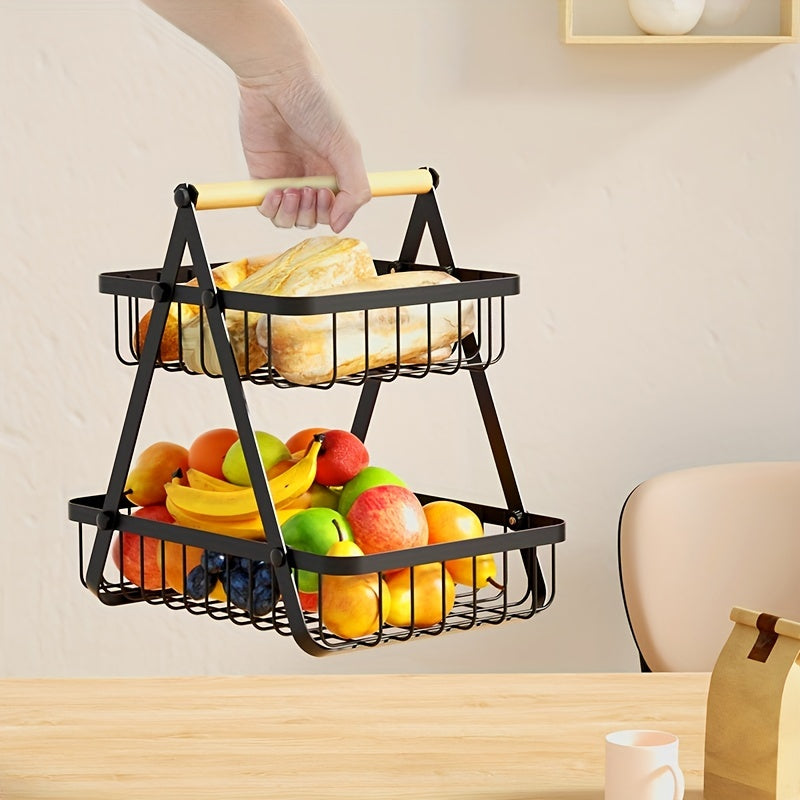 1pc 2/3 Tier Detachable Metal Wire Bathroom Storage Basket with Wooden Handle