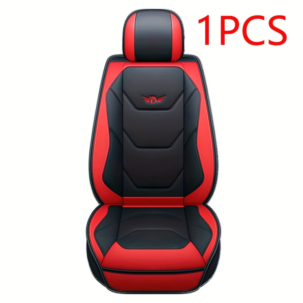 1pc Fit PU Leather Car Seat Cover, Breathable Front Seat Protector with Safety Cushion Compatibility, Sponge Filled, Non-Textile Weaving, Stylish Ergonomic Design with Red Accent Stitching, Available in Black/Brown/Beige/Blue