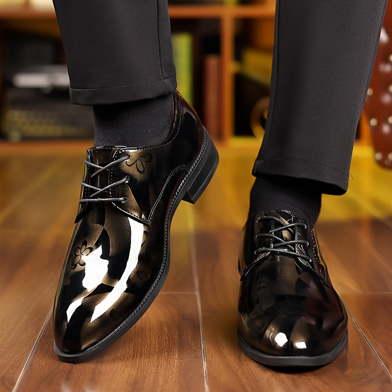 Men's Fashion Derby Shoes, Patent PU Leather Shoes, Formal Dress Lace-up Front Shoes For Business Office, Spring Autumn And Winter