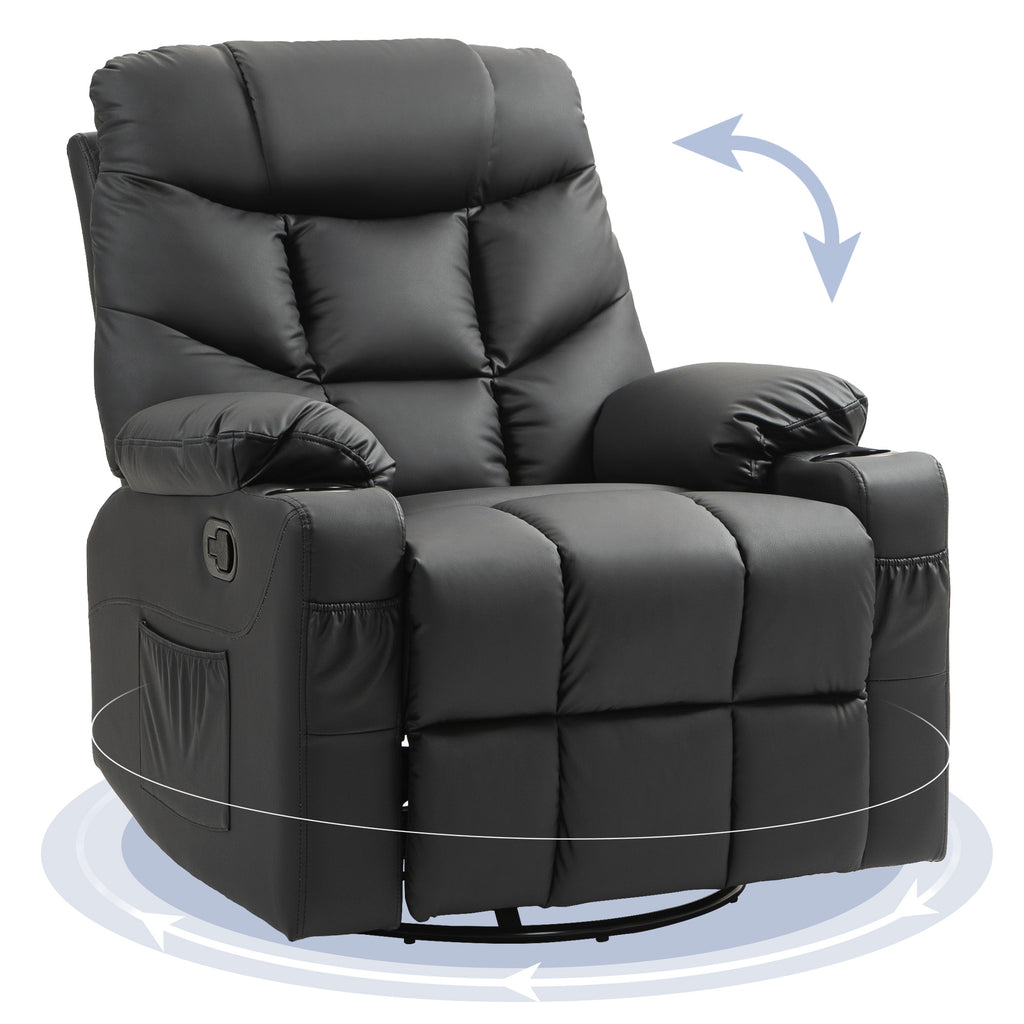 DodiOnline Manual Reclining Chair, Recliner Armchair with Swivel, Faux Leather, Footrest, Cup Holders, 86x93x102cm, Black