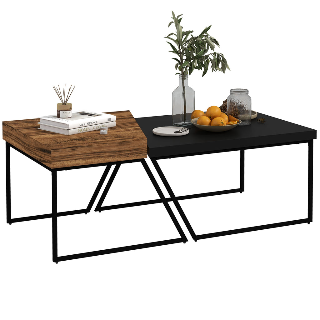 DodiOnline Coffee Table Set of 2, Industrial Nesting Table with Steel Frame and 8cm Thick Tabletop, Sofa Side End Table for Living Room, Rustic Brown