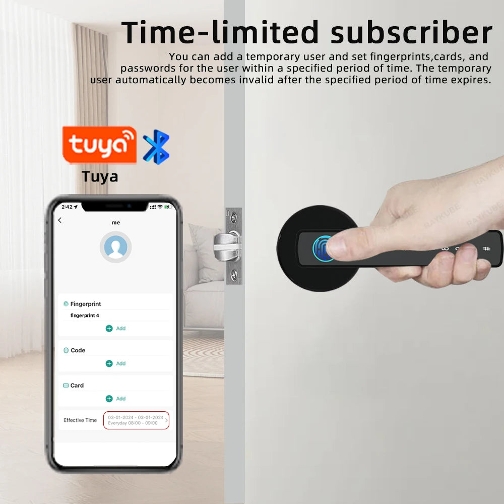 RAYKUBE US Free Delivery Tuya BLE Smart Fingerprint Door Lock Electronic Lock with Password/Key/Card/Tuya APP Unlock