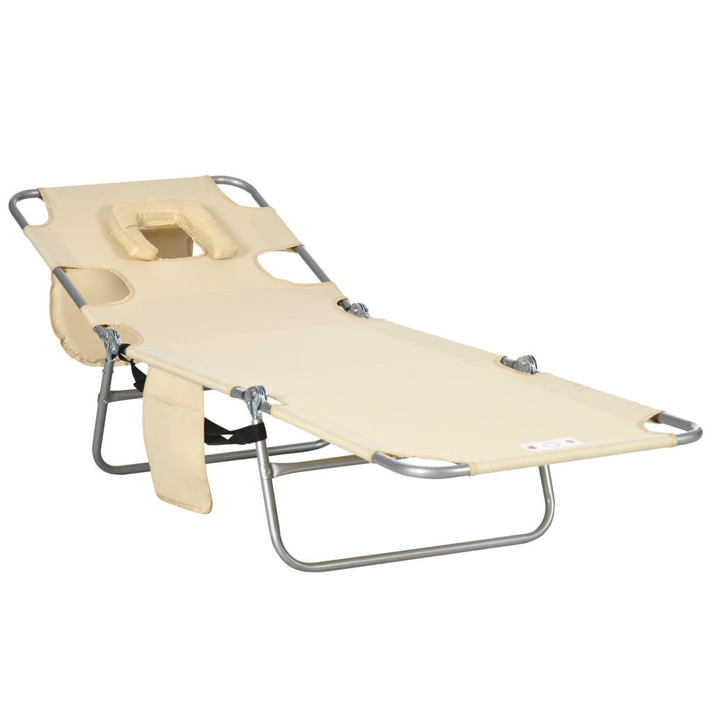 DodiOnline Foldable Sun Lounger, Beach Chaise Lounge with Reading Hole, Arm Slots, 5-Position Adjustable Backrest, Side Pocket, Pillow for Patio, Garden, Beach, Pool, Beige